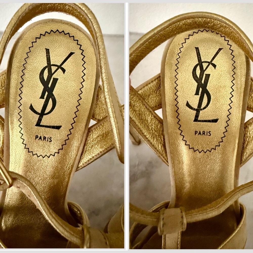 Yves Saint Laurent YSL Tribute Beige Tan Suede Gold Trim Platform Heels 37.5 - Picture 9 of 16